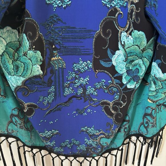 Chicos Open Wrap Top Asian Inspired Art to Wear SZ 1 Boho Blue Colorful Glam 90s - Picture 10 of 13